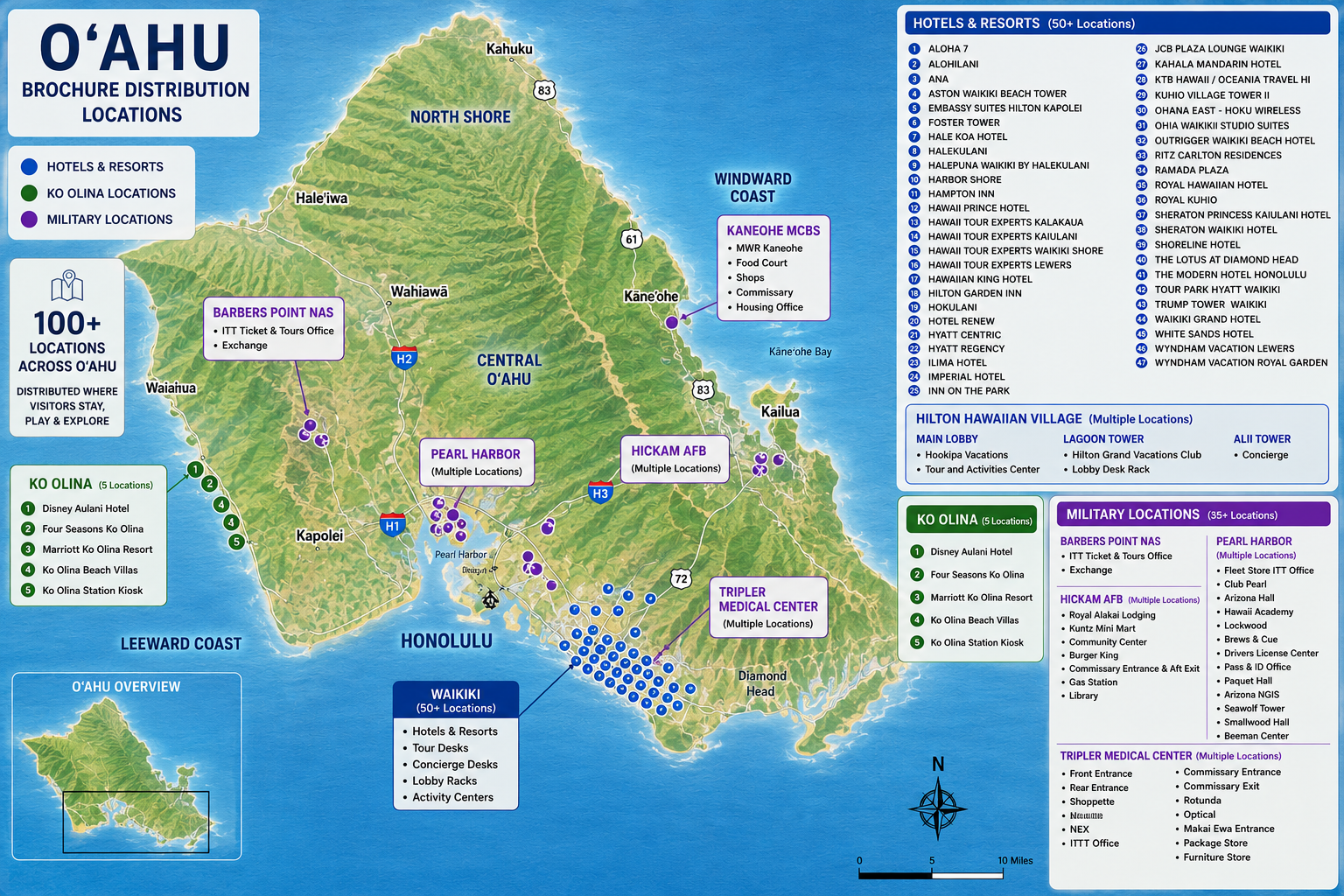 O'ahu brochure distribution locations — 100+ locations across hotels, resorts, Ko Olina and military bases